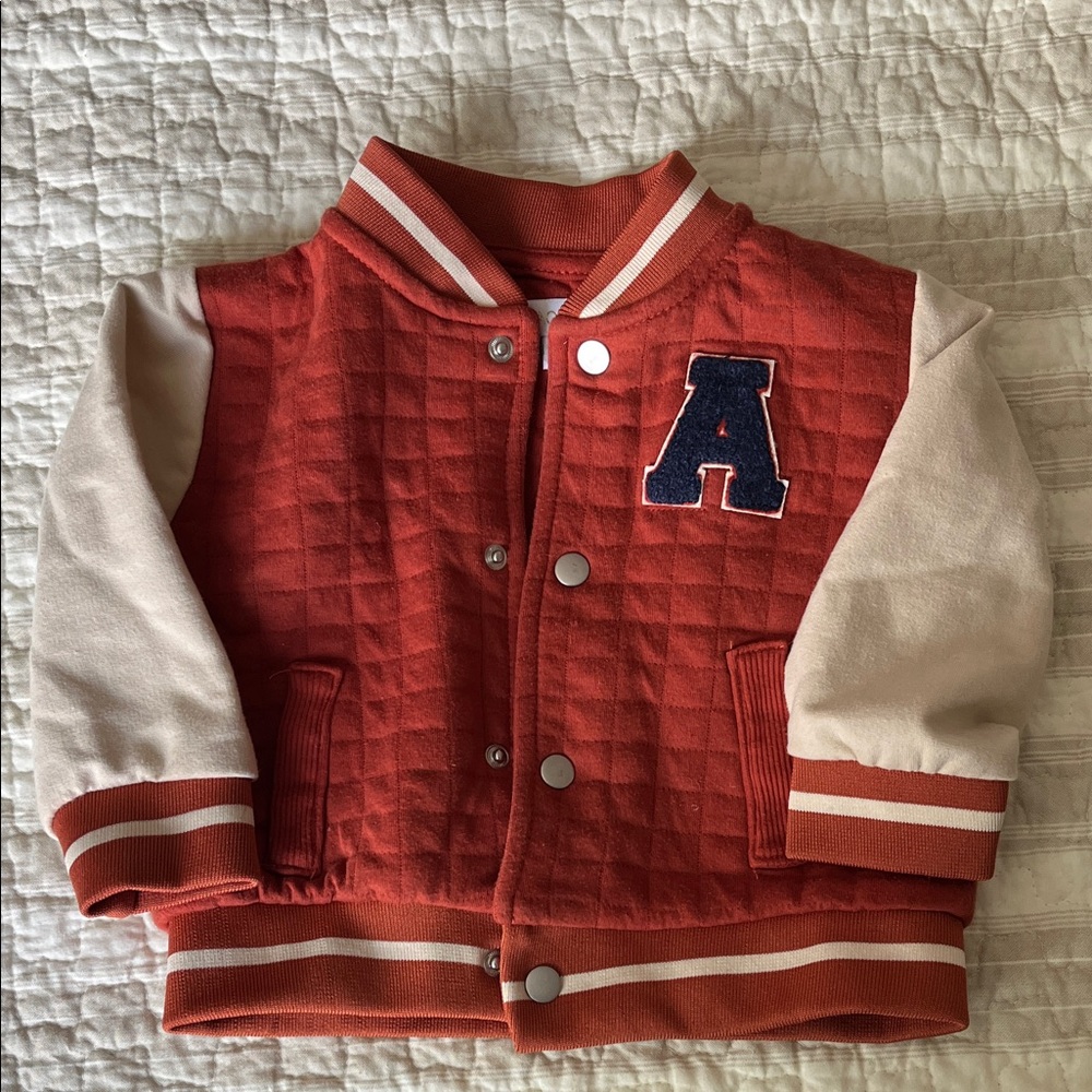 NWOT Toddler 18m Quilted Orange Varsity Jacket with Cream Sleeves